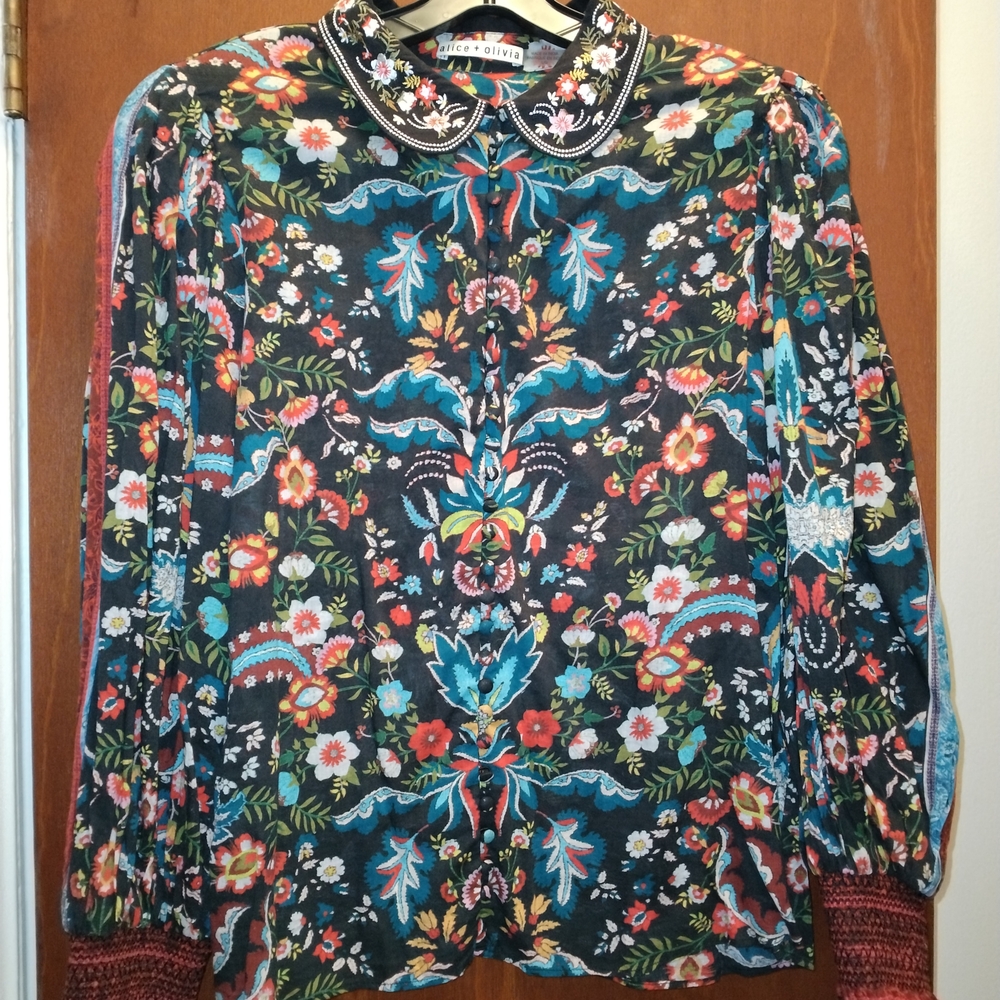 Alice + Olivia Black Floral Print Long-Sleeve Blouse